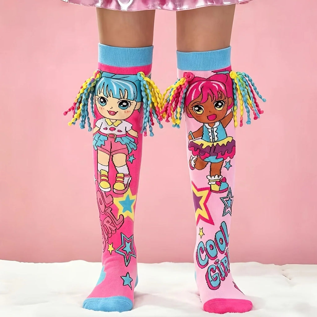 Girls Long Knee-High Socks Fun 3D Design Novelty Vibrant Colors Non-Thermal Regular Thickness Kids Stockings