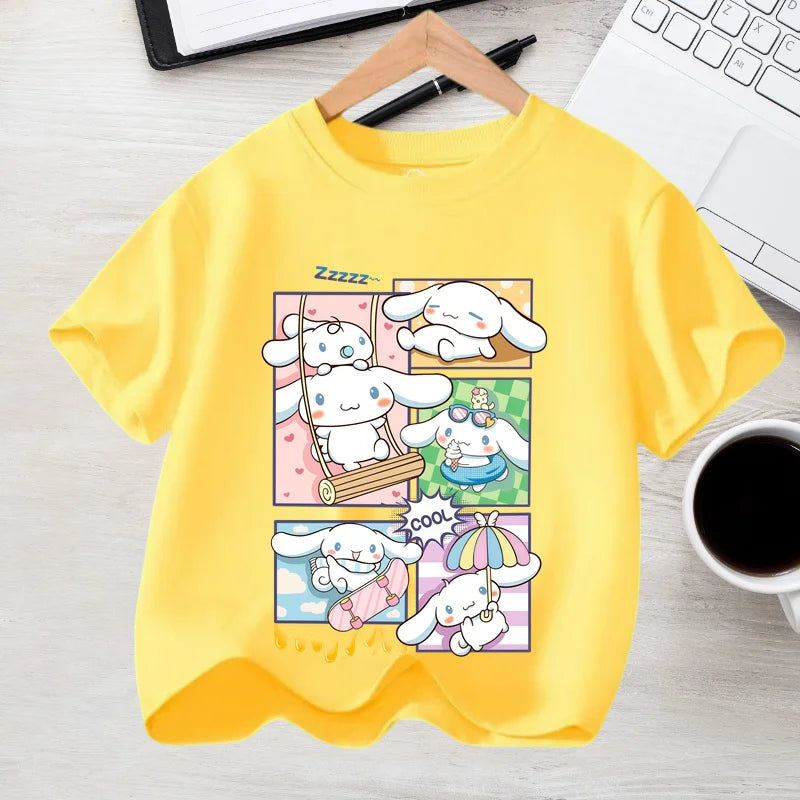 2026 Summer Casual Clothes Kawaii Gift Cute Cinnamoroll Girl T-shirt Cotton Anime Print Tee Shirt Kids Short Sleeve Streetwear