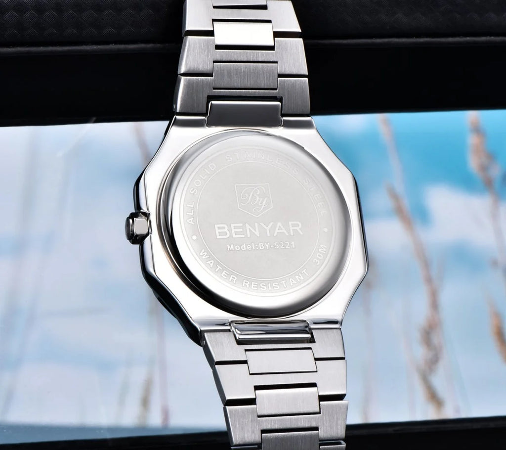 BENYAR Mens Square Watch 37mm Quartz Wristwatch Moon Phase Date Week 24 Hours Display Steel / Leather Strap Waterproof Luminous