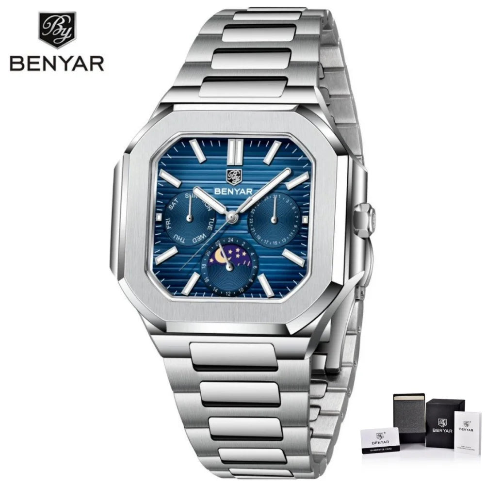 BENYAR Mens Square Watch 37mm Quartz Wristwatch Moon Phase Date Week 24 Hours Display Steel / Leather Strap Waterproof Luminous