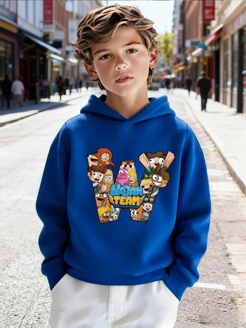 2026Kids'Wojan Team Character Graphic Hooded Sweatshirt | Soft Fleece Kids' Pullover for Casual Wear