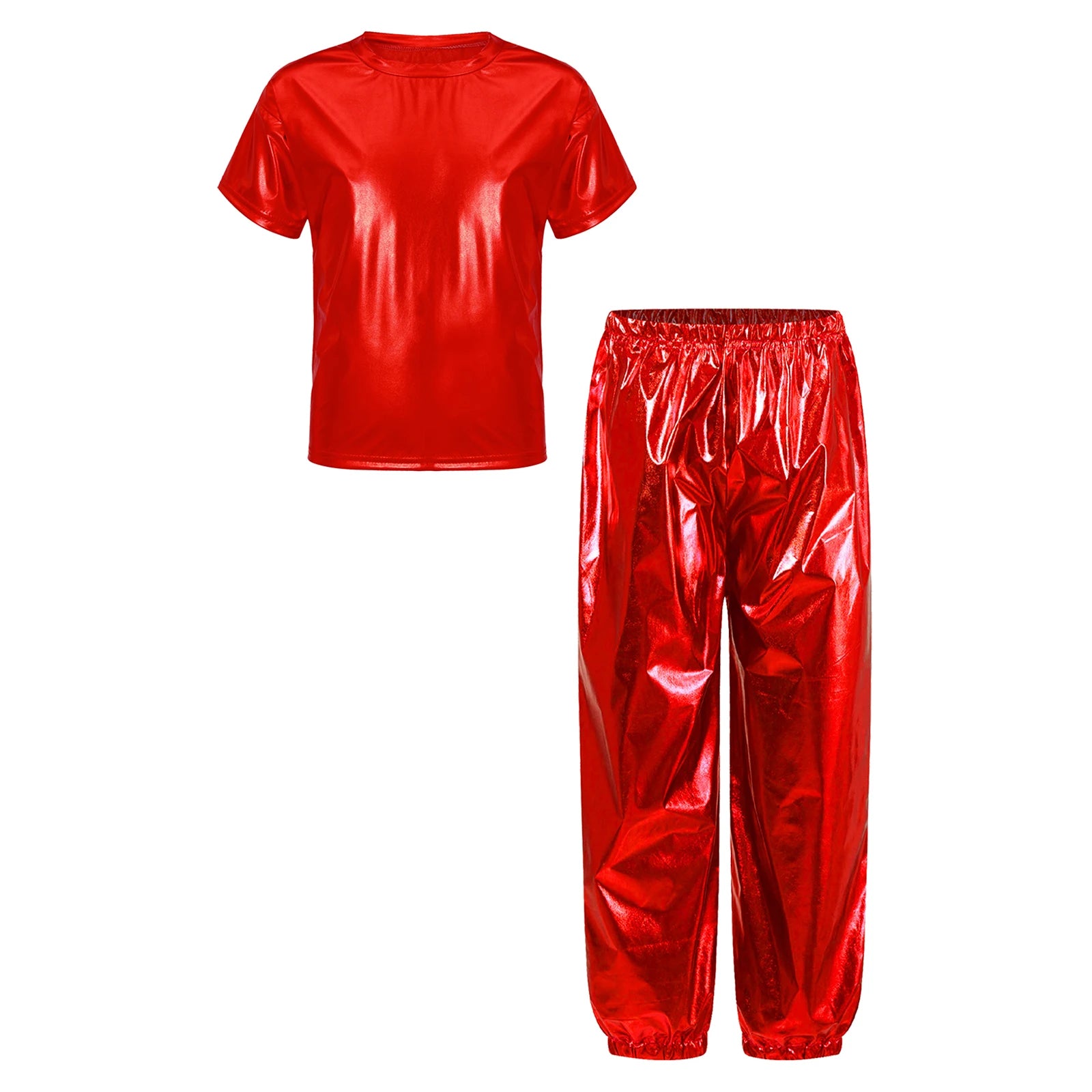 Kids Girls Boys Fashion Clothes Set Metallic Shiny T-shirt with Pants Suit for Jazz Hip Hop Street Dance Performance Costume