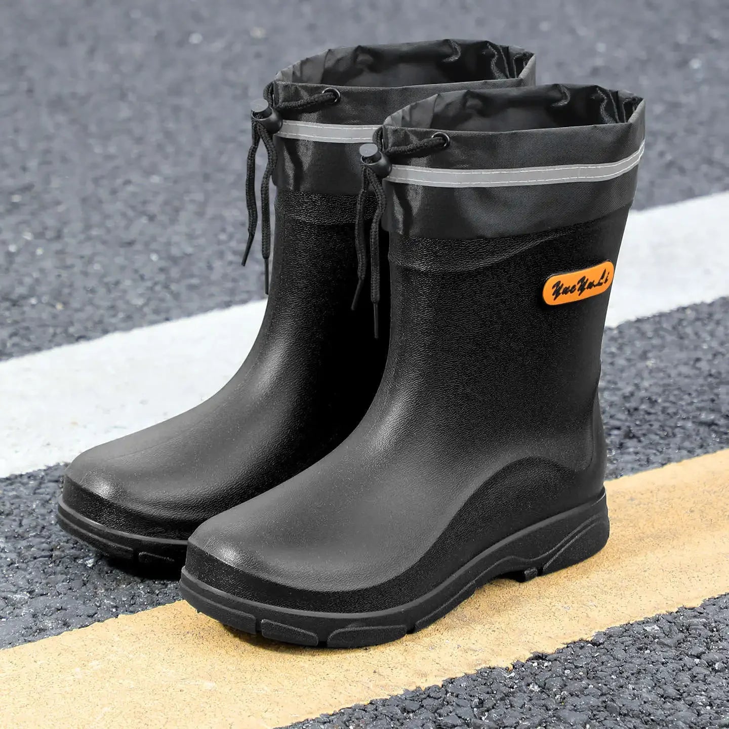 Men's Mid-Calf Waterproof Rain Boots Reflective Strip Security Flood Control Slip-On Shoe Camping Adventure Water Shoe
