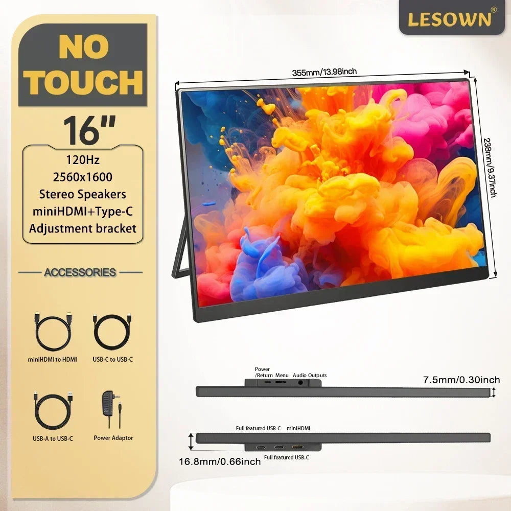 LESOWN 11.6 14 16 inch 4K Portable Monitor 2.5K 120Hz Wide Screen USB-C Display with Holder for Laptop Phone Xbox PS4 PS5 Switch