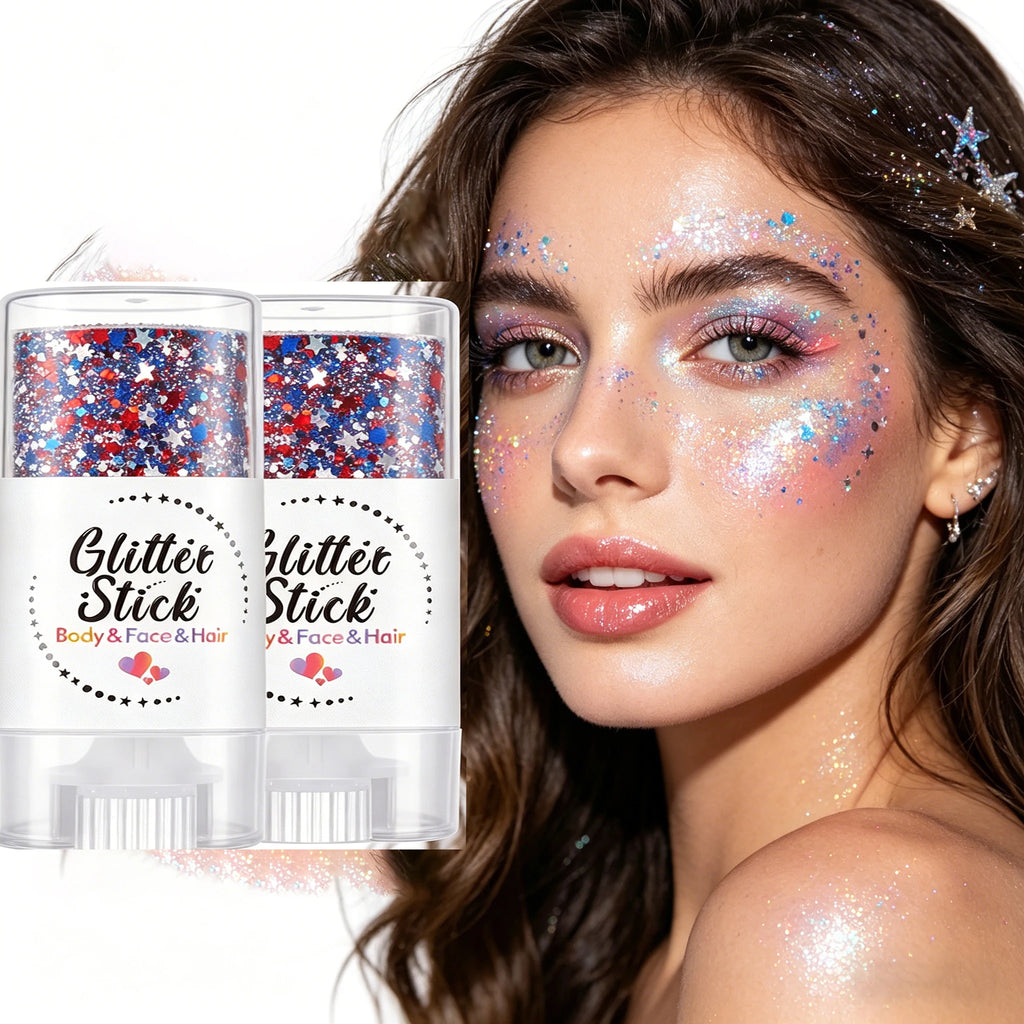 Patriotic Glitter Body Paint Stick with Makeup Remover Cloth, Red White Blue Face Paint for 4th of July, Sports Games