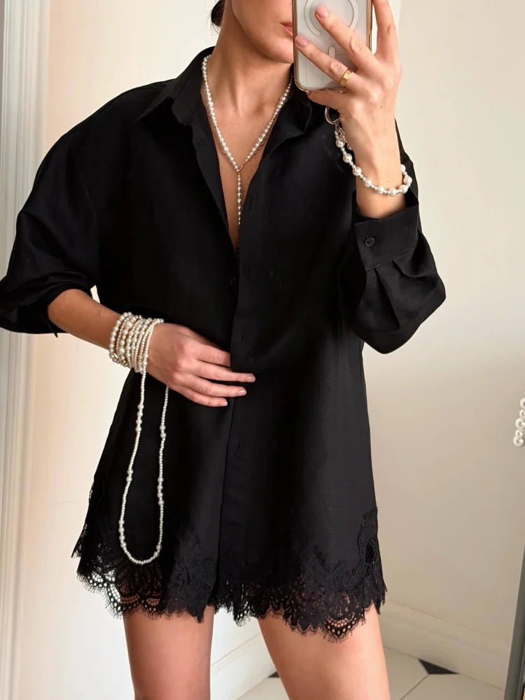 Casual Women's Matching Sets Long Sleeve Shirts Shorts Suit Lace Patchwork 2 Pieces Sets 2026 NEW Spring Beach Lady Outfits