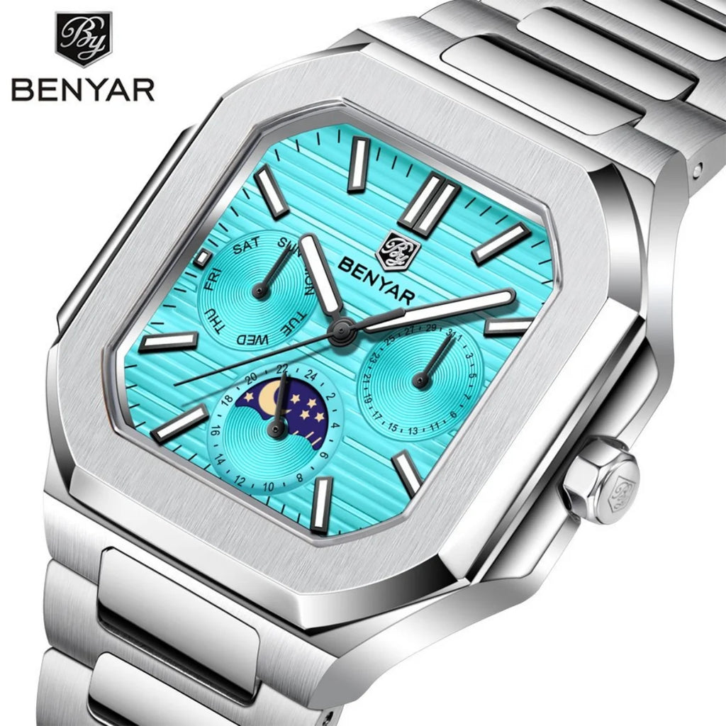BENYAR Mens Square Watch 37mm Quartz Wristwatch Moon Phase Date Week 24 Hours Display Steel / Leather Strap Waterproof Luminous