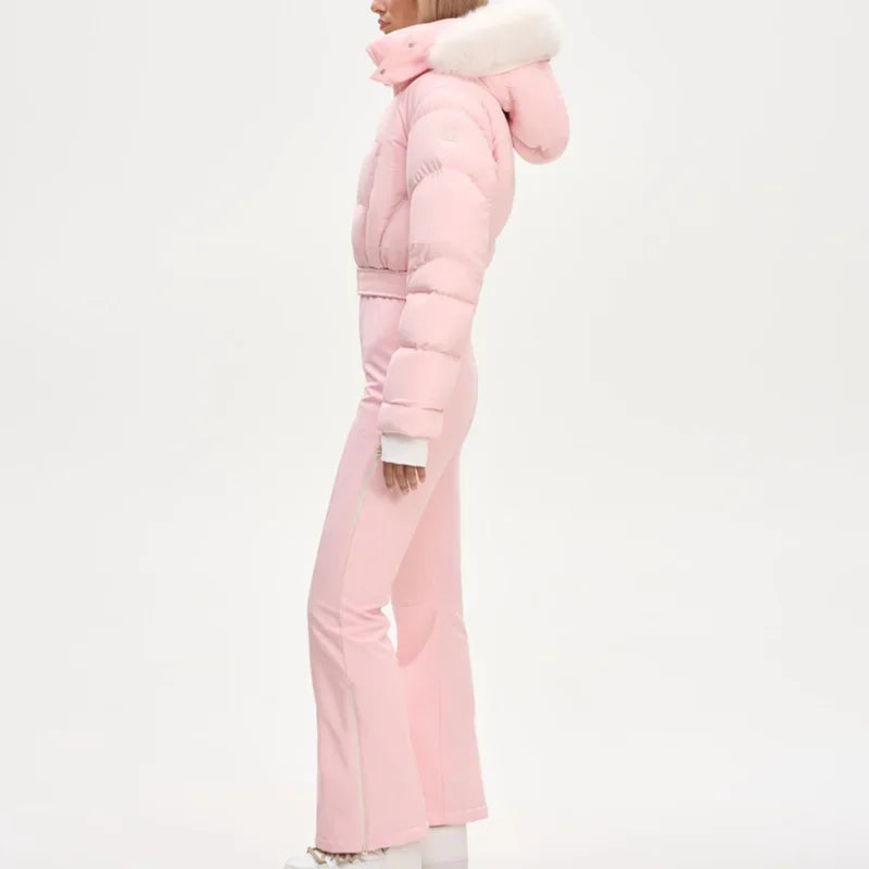 Women  Fur Collar Hooded Skiwear Fashion Solid Thicken Zipper High Waist Slim Outdoor Overalls Jumpsuit  Lady Winter Outwear