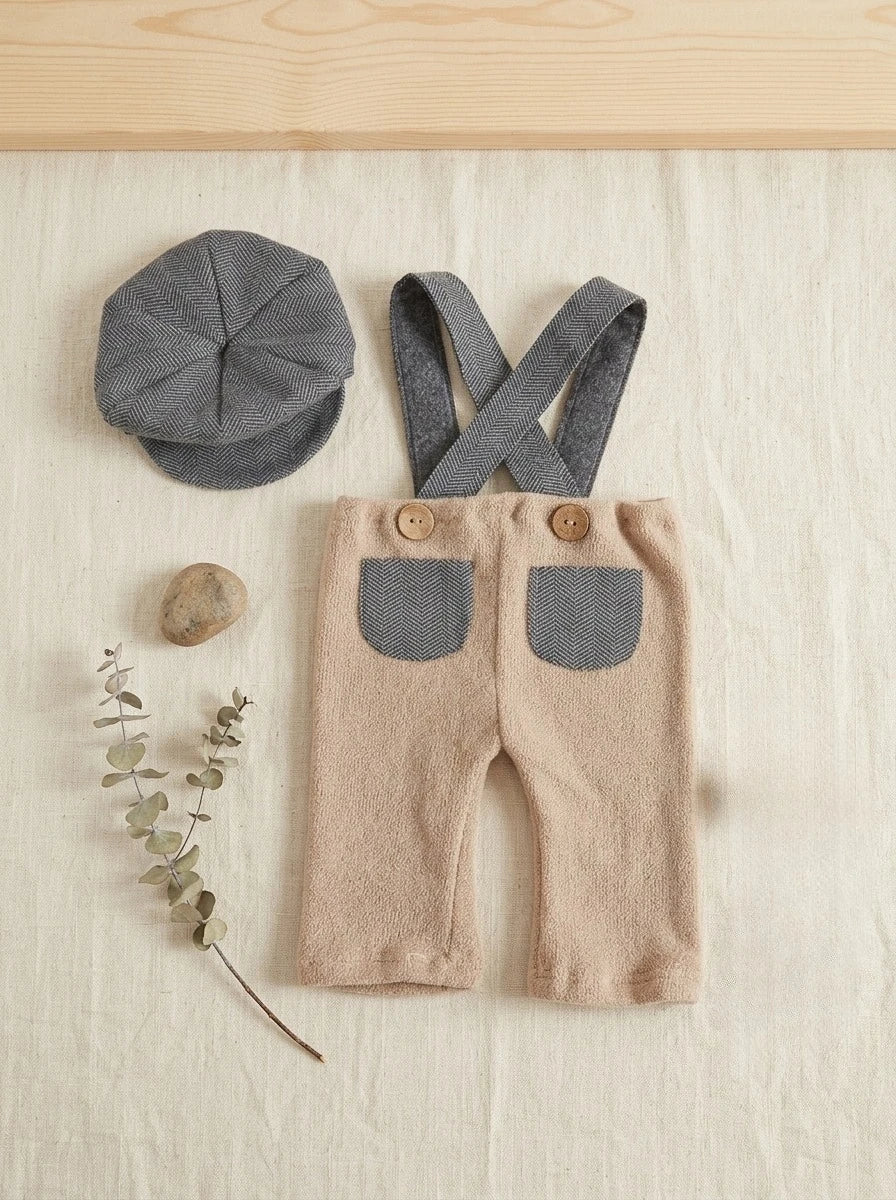 Newborn Boy Photography Props Knit Suspender Romper with Newsboy Hat Set Infant Photo Shoot Outfits Baby Photo Accessories