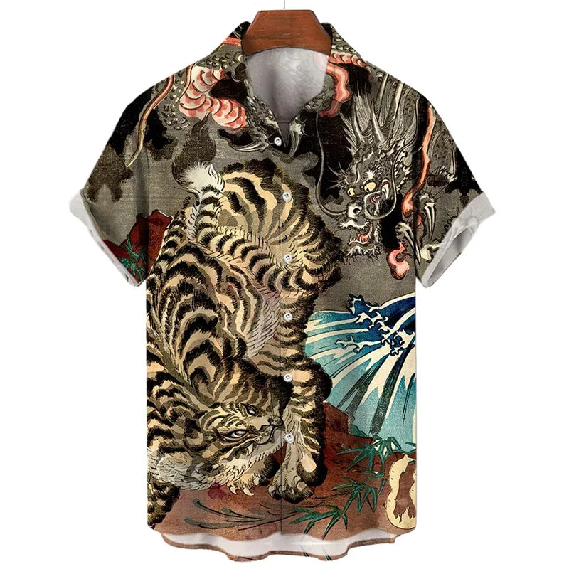Men's Shirts 3D Animal Tiger Dragon Printed Short Sleeve Hawaiian Shirts Blouse New in Casual Button Up Aloha Shirt Male Tops
