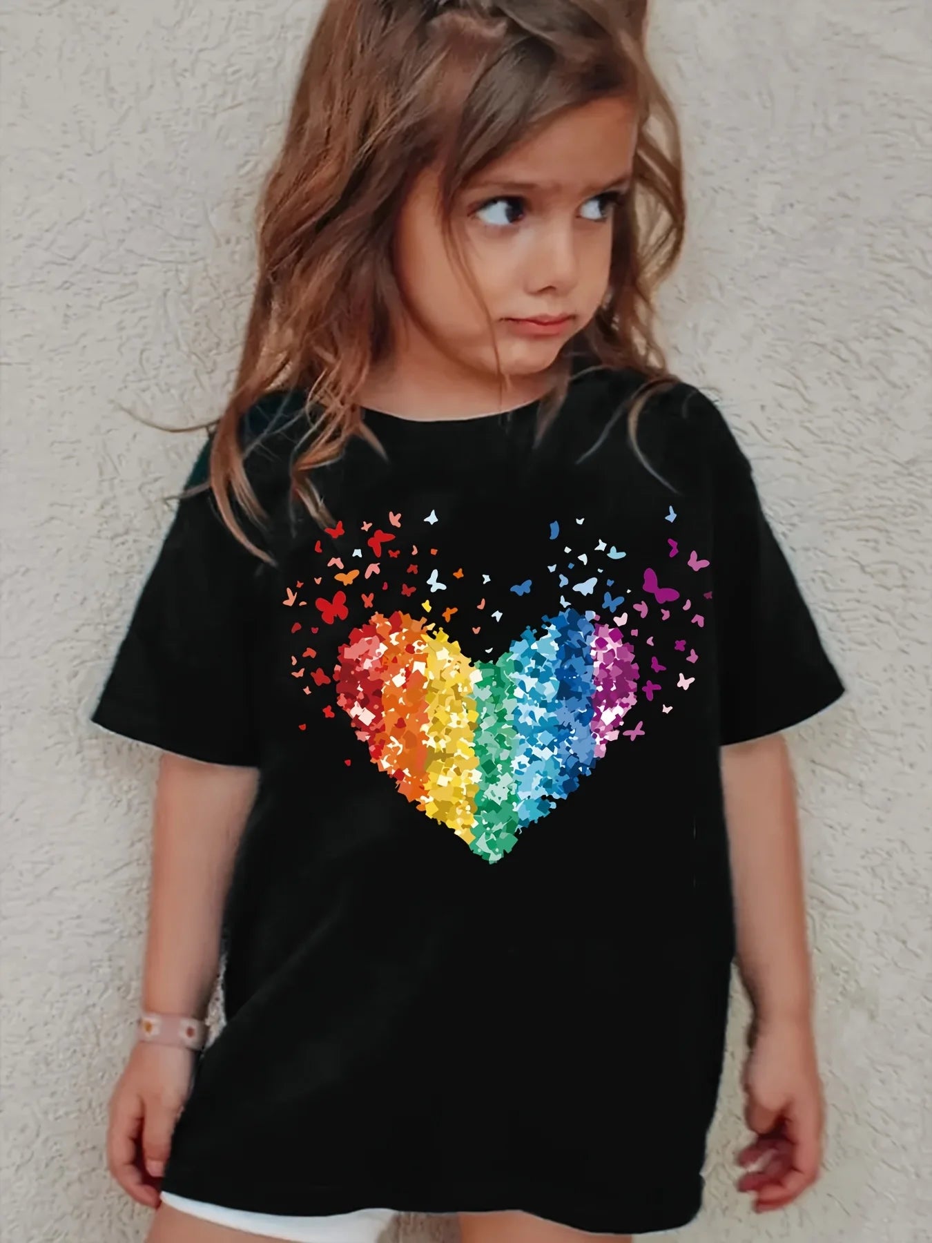 2026 Rainbow-colored Heart Round Neck T-shirt Children Fashion Sequined Heart-patterned Trendy Item for Girls Kids Y2k Clothing