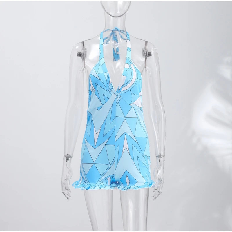 Print Women Dress Backless Mini Dress Halter High Waist Dresses Flared Skirt Hem Waist Shaping Slimming Casual Trendy Street Sty