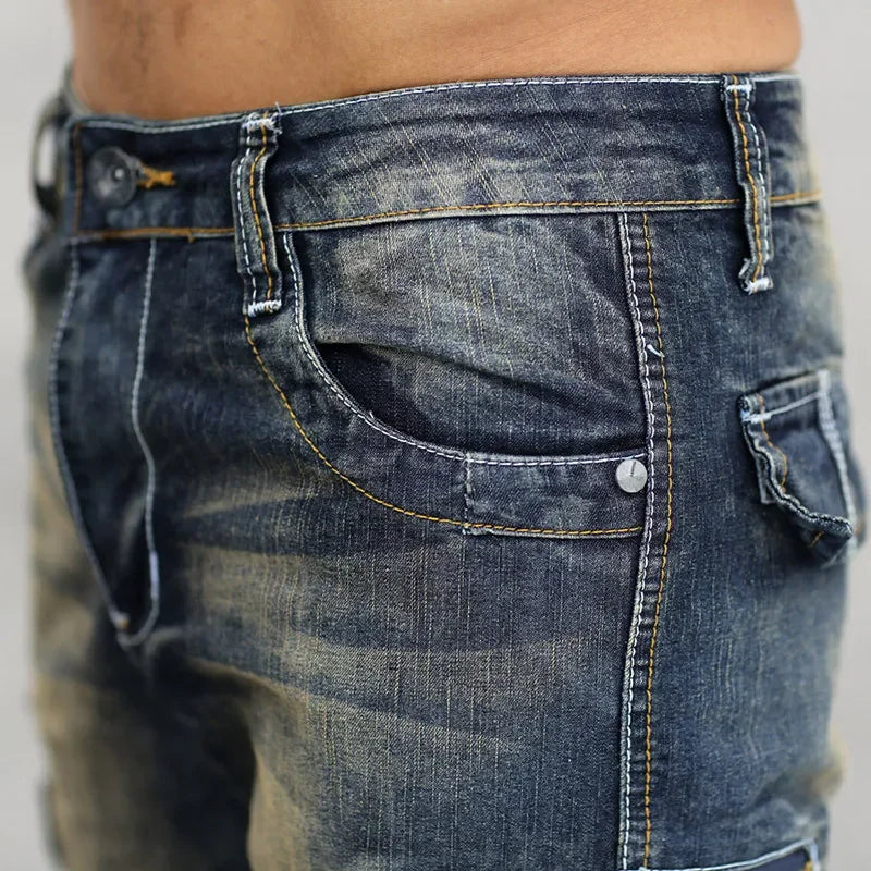 Men's Fashion Cargo Denim Shorts with Multi Pockets Slim Fit Military Jeans Shorts for Male Washed