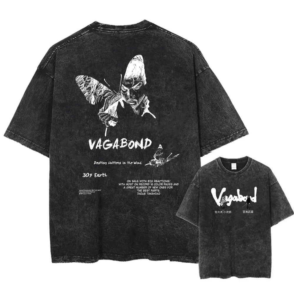 Anime Vagabond Miyamoto Musashi Cool Graphic Washed T Shirt Men Vintage Cotton T-shirts Harajuku Male Manga Comfortable Tshirt