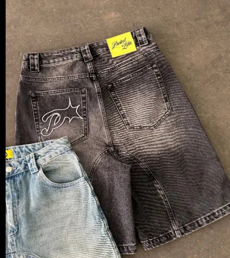 Vintage Y2k Men Women Harajuku Short Jeans Washed Embroidery American Retro Man Denim shorts Summer Loose Hip Hop Streetwear