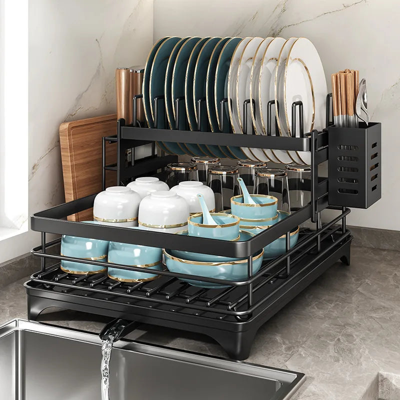 Adjustable Stainless Steel Dish Drying Rack with Drainboard - Over The Sink Plate Organizer, Kitchen Storage & Drainer
