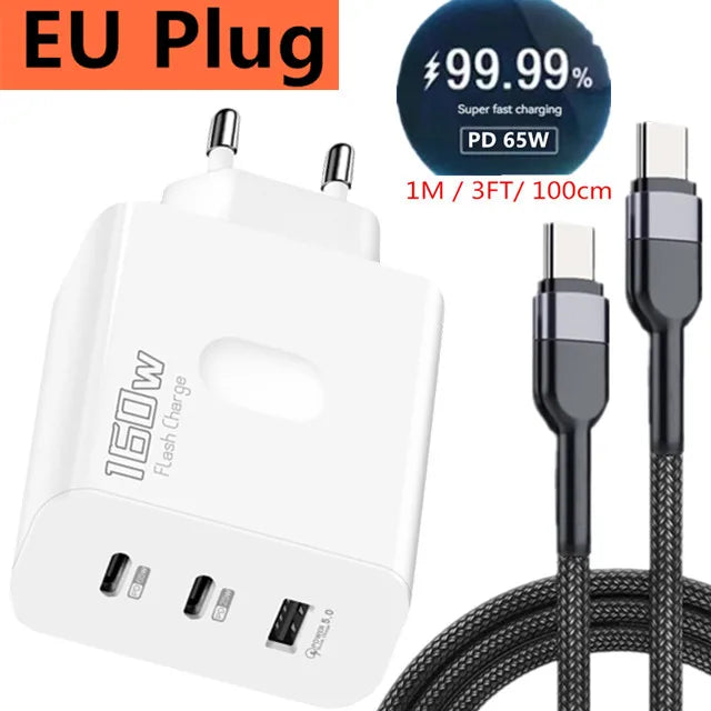 160W Fast Charger USB Type C Phone Charger Adapter Quick Charge QC 5.0 3.0 PD 65W Charger For iPhone iPad Samsung Huawei Xiaomi