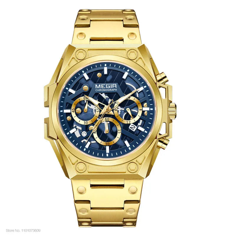 MEGIR Blue Watch Men Stainless Steel Dress Wrist Watch Man Waterproof Chronograph Quartz Watches Relogio Masculino часы мужские