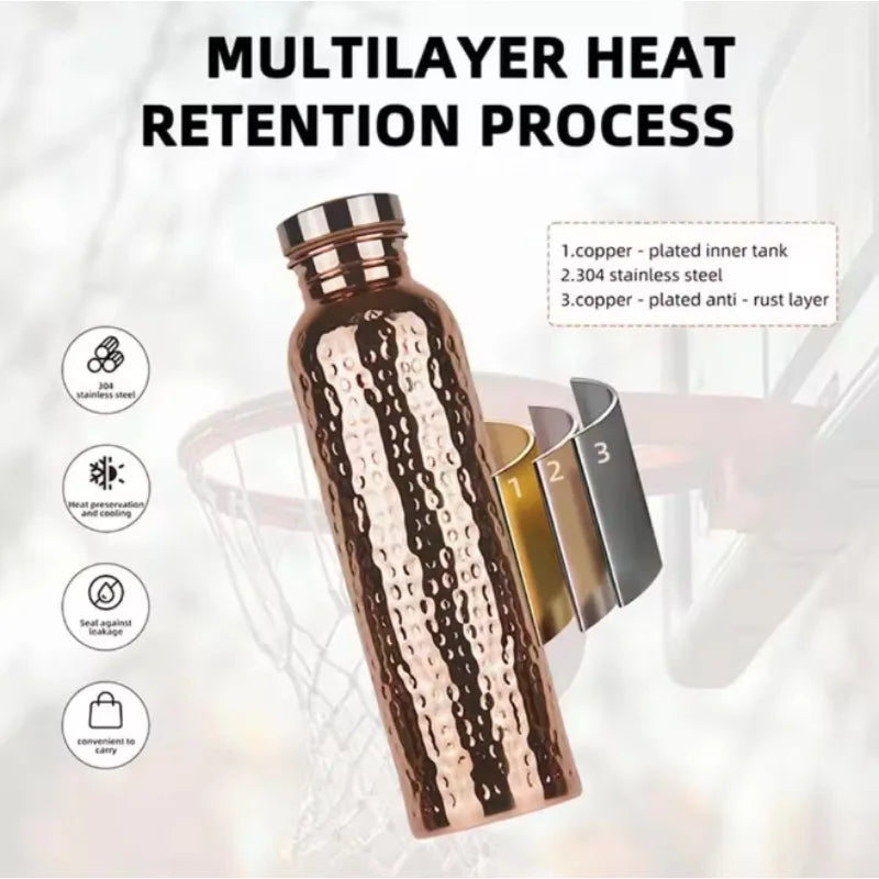 New 800ML Electroplated Copper Water Bottle One-Click Open Lid Stainless Steel Hammer Pattern Cup Sports Water Bottle