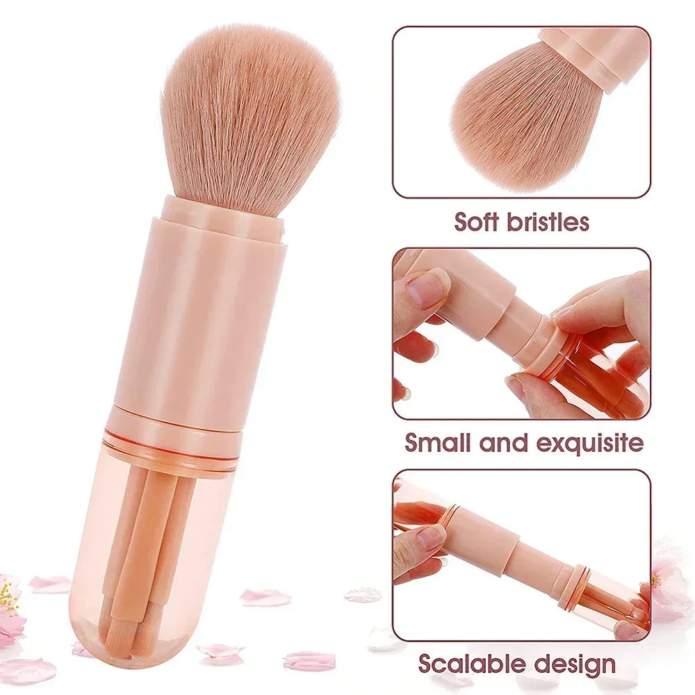 4in1 Makeup Brushes Set, Retractable Blush Brush + 3 Small Eyeshadow Brushes, Compact Portable for On-the-Go Touch-Up
