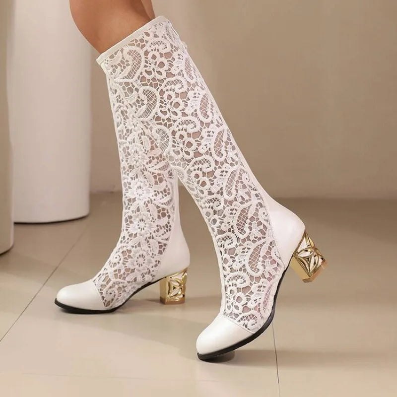 Spring and Autumn New Style Fashion square Heel Mesh Hollow Women's Boots Sweet Breathable knee high boots high 5.5cm size 34-47