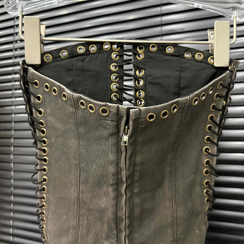 DEAT Fashion Vintage Bandage Design Hollow Out PU Short Strapless Vest For Women Outwear High Street Tank Tops Female 11A04791