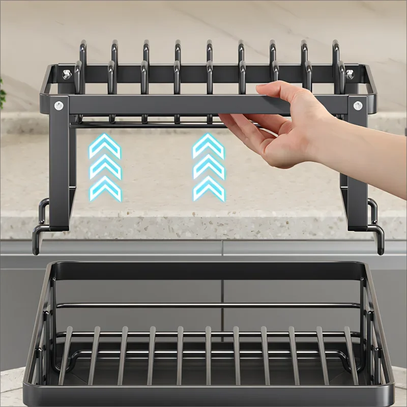 Adjustable Stainless Steel Dish Drying Rack with Drainboard - Over The Sink Plate Organizer, Kitchen Storage & Drainer