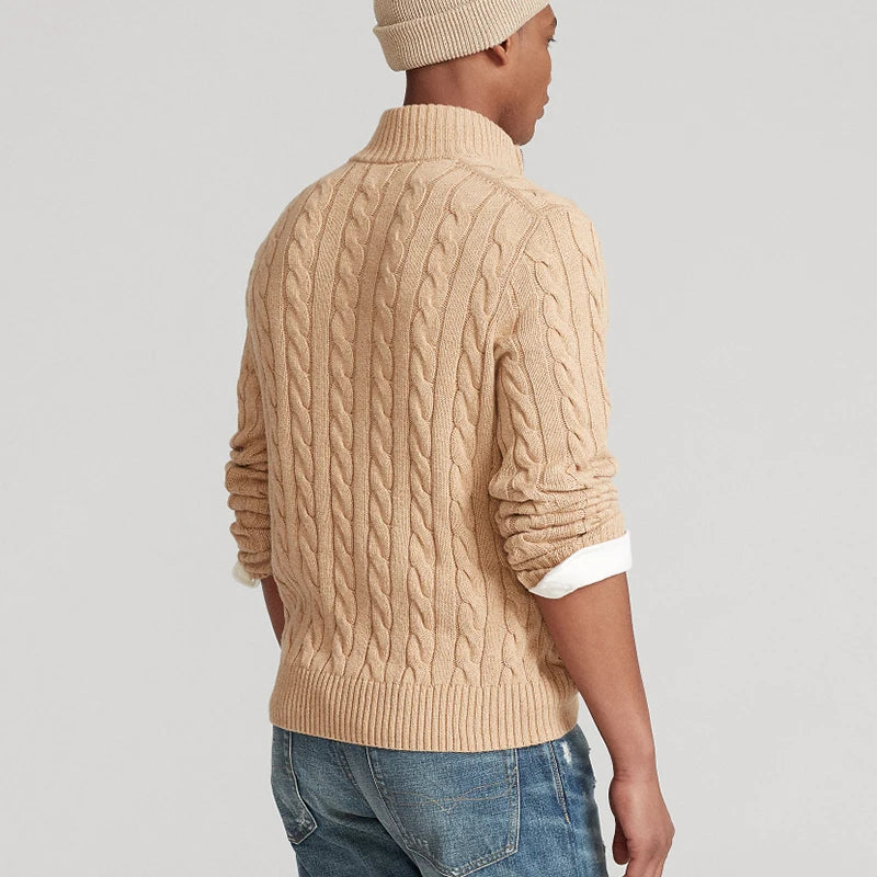 pure Cotton Sweaters Men's High Quality Autumn Cable Knit Christmas Sweater With Zipper Turtleneck Pullovers Zipper Pull Homme