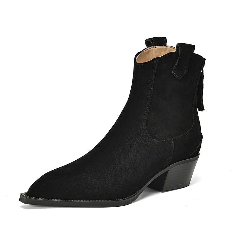 Cow Suede Women Western Boots Black Brown Khaki Mid Block Heels Back Zipper Pointed Toe Retro Ladies Autumn Winter Ankle Boots