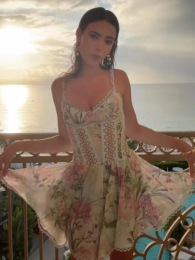 Floral Print Women's Dress Elegant Spaghetti Strap Lace Trim Hollow Out Flowy A Line Dress Lady 2026 Summer New Woman Vestidos