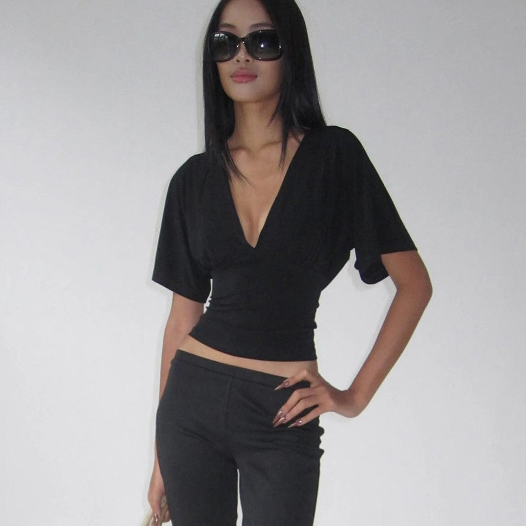 Women's Lace Patchwork Deep V Neck Tie Up Slim Fit Half Sleeve T-Shirt Crop Top