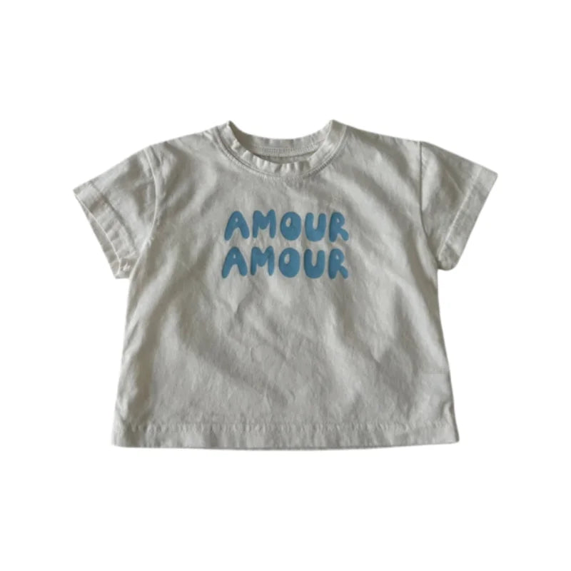 Summer Korean Style Kids T-Shirt Letter Print Cotton Short Sleeve Children Top Solid Color Thin Soft Clothes for Boys Girls