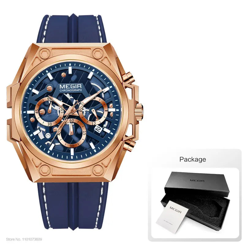 MEGIR Blue Watch Men Stainless Steel Dress Wrist Watch Man Waterproof Chronograph Quartz Watches Relogio Masculino часы мужские