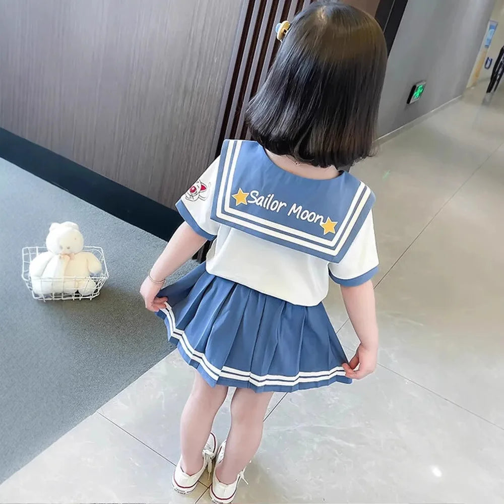 Baby Girls Clothes Sets Summer Bow Striped Tops Pleated Skirts Suits Cute Sailor Moon Cosplay Party Custume Children Clothes Set