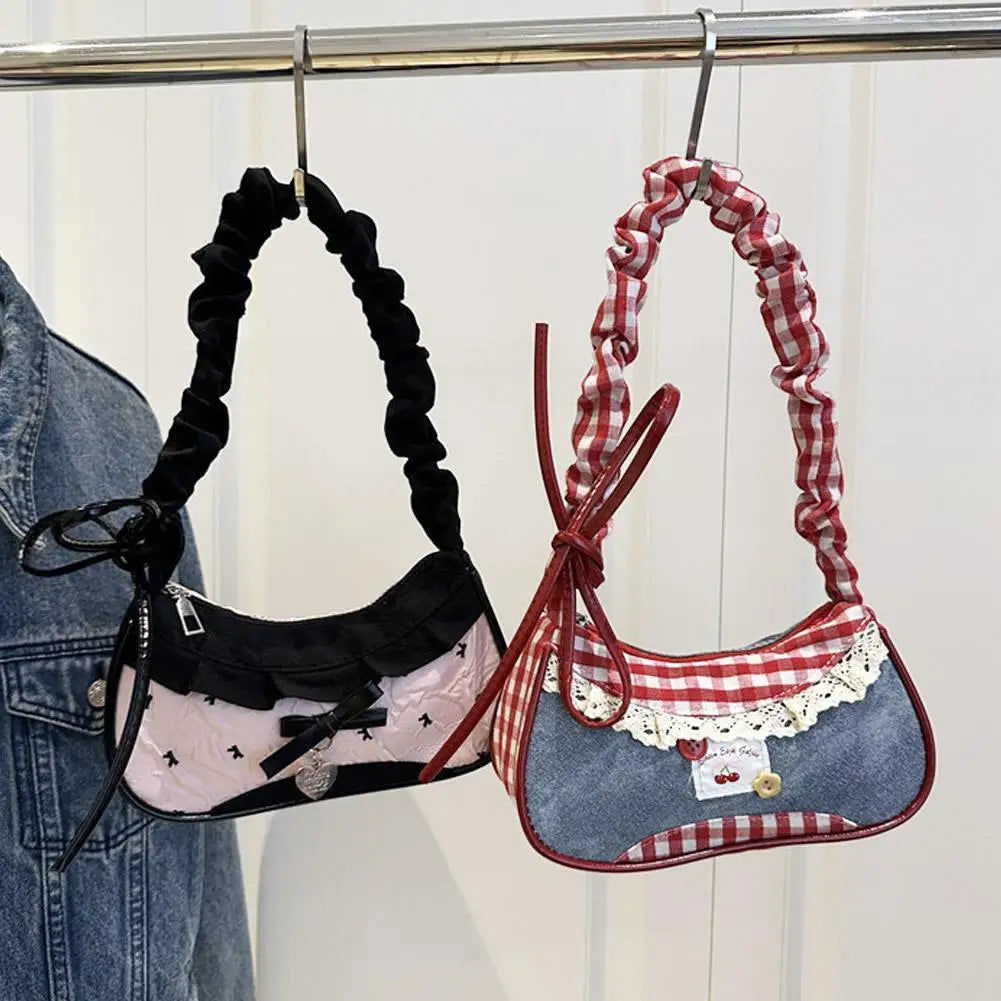 Fashion Grid Mini Handbag with Adjustable Shoulder Strap Korean Style Hand-held Commuting Bag Single-Shoulder Crossbody Underarm