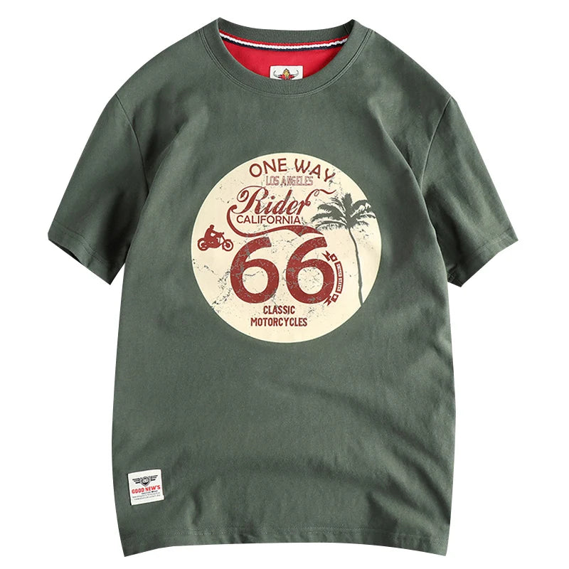 Summer American Retro Short Sleeve O-neck Letter Motorcycle Printed T-shirt Men's Fashion 100% Cotton Washed Casual Youth Tops