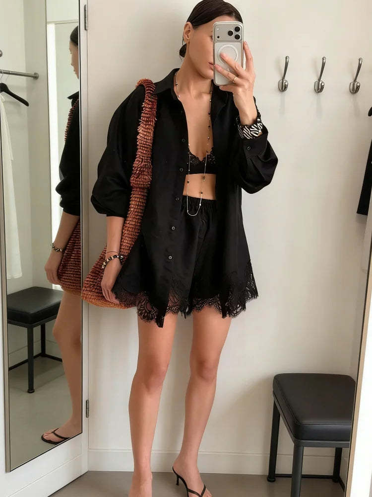 Casual Women's Matching Sets Long Sleeve Shirts Shorts Suit Lace Patchwork 2 Pieces Sets 2026 NEW Spring Beach Lady Outfits