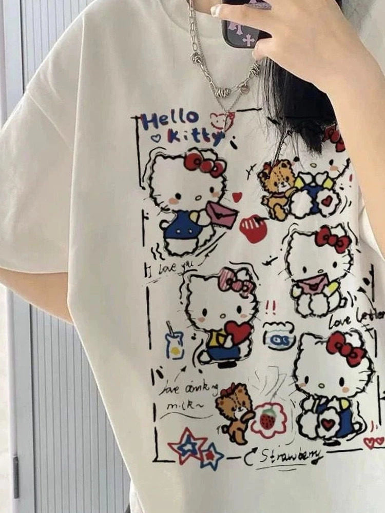 2026 Summer Hello Kitty Love Letter Doodle Print T-Shirt for Adults & Kids Cotton Y2K Aesthetic Oversized Cute Cartoon Graphic