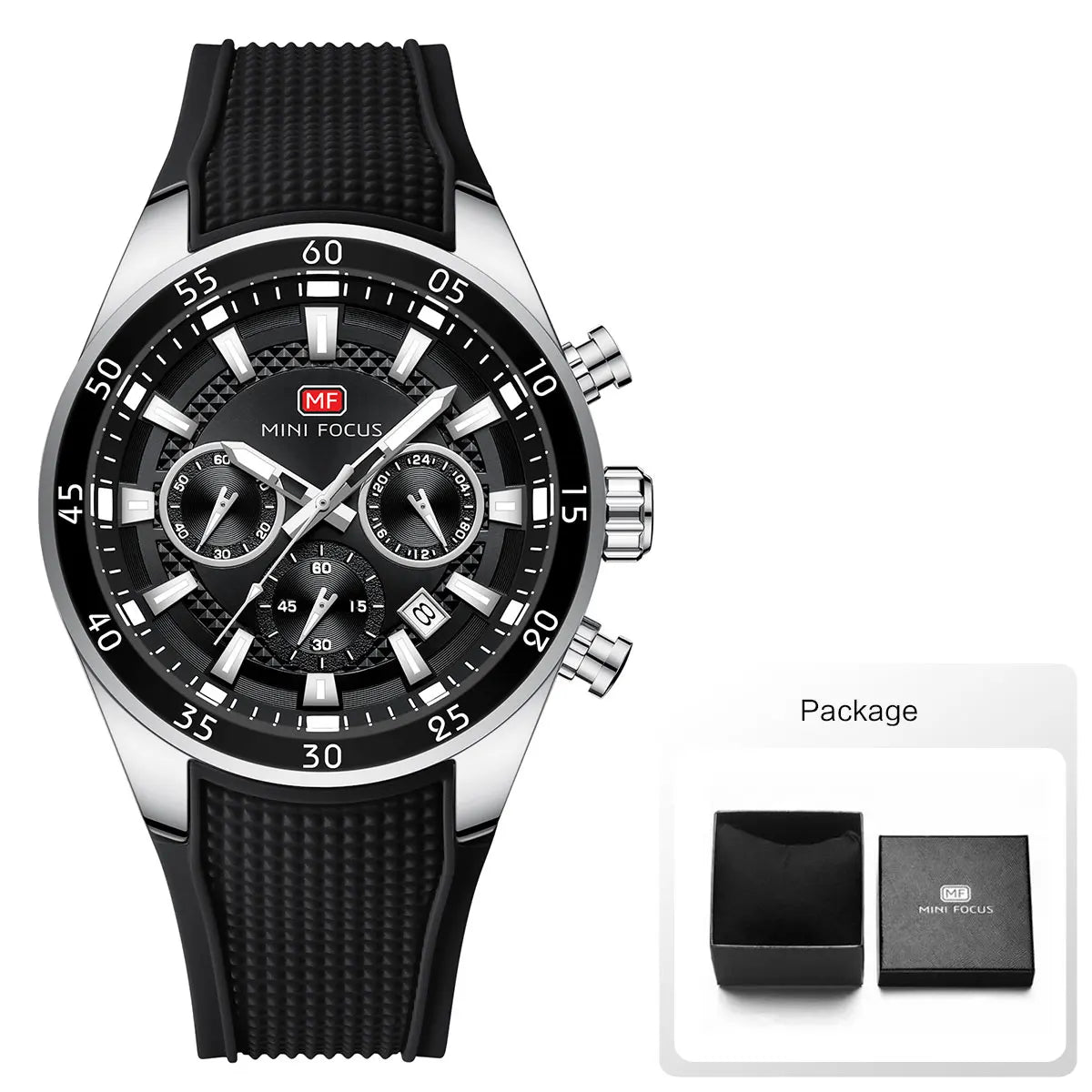 MINI FOCUS Men's Quartz Watch Multifunctional Chronograph Luminous Waterproof Casual Sport Wristwatch with Silicone Strap 0627G