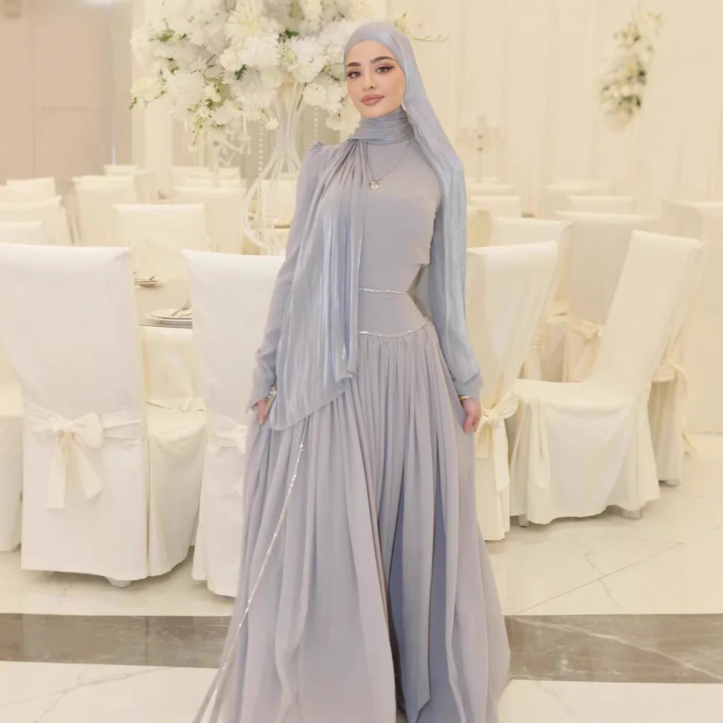 Women Eid Abayas Party Long Dresses Headscarf Diamond Chain Muslim Ramadan Morocco Dubai Kaftan Islam Vestidos Robe Jalabiya