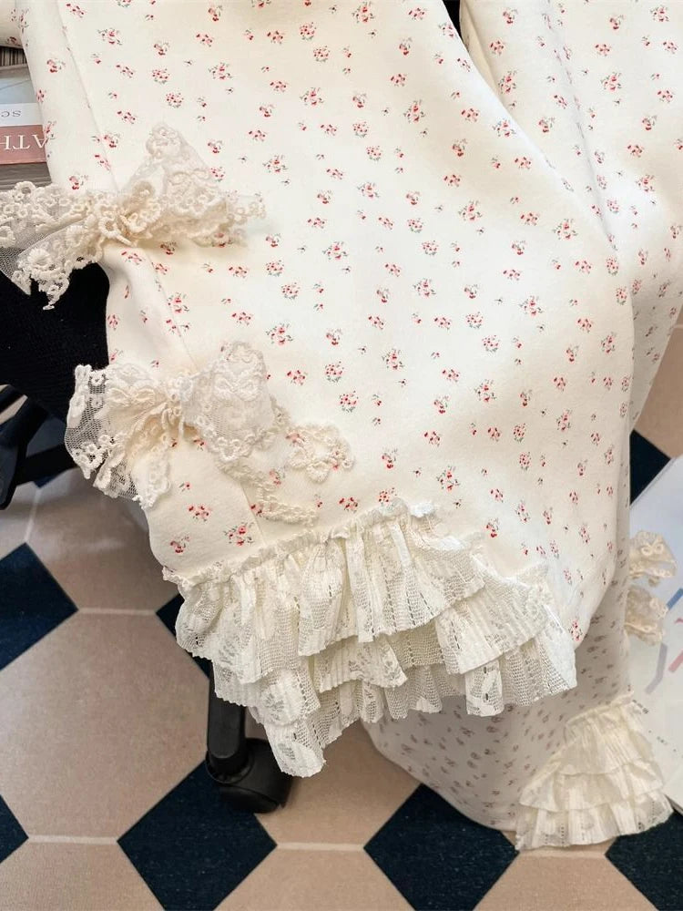 Zoki Chic Floral Sweet Wide Leg Pants Women Bow Lace Patchwork High Waist Trousers Japan Cute Loose Female Casual Fashion Pants