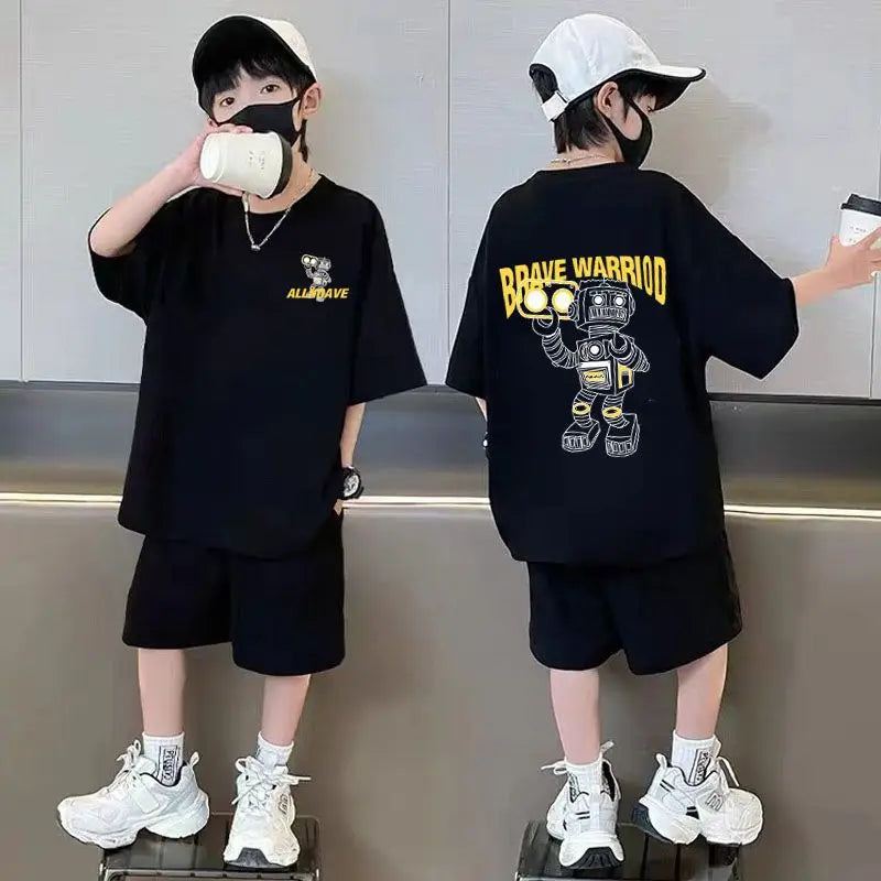 2026 Summer Children's Robot Fashion Short sleeved Top+Sports Shorts Casual Cotton Comfort Set