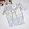 Womens Sparkly Shiny Metallic Holographic Round Neck Short Sleeve Casual Loose Top Festival Party Tee Shirt Female Clothes