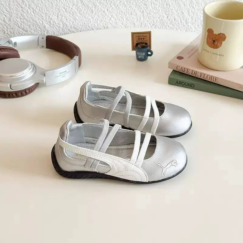 Kids'Casual Shoes Breathable Solid Color PU Leather Spring Flat Shoes For Children Anti-slip Sliver Black Shoes Size 21-37