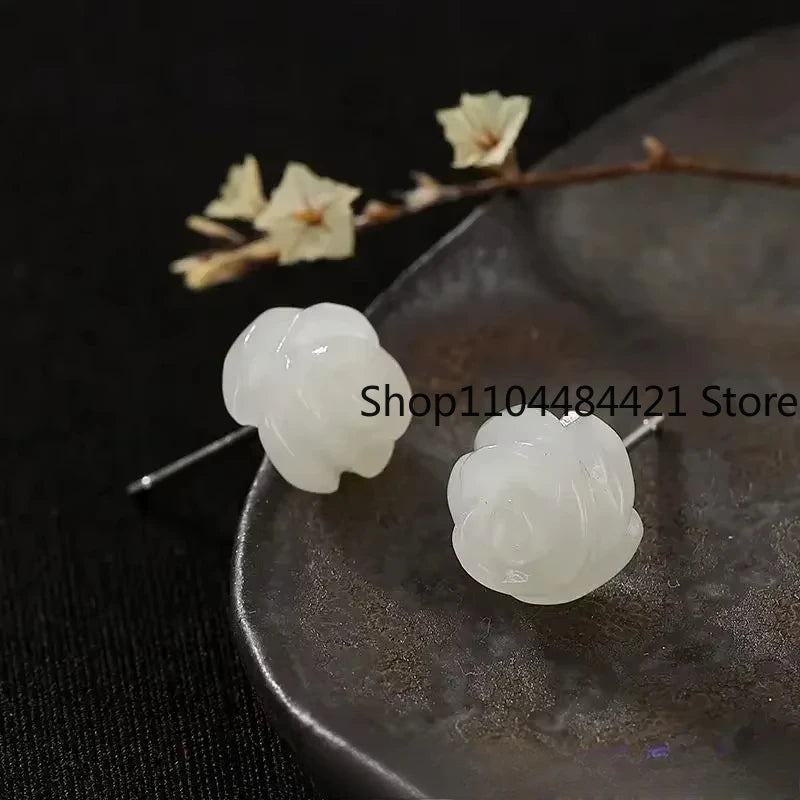 Natural Real Green Jade Rose Earrings 925 Sterling Silver Ear Studs Vintage Gemstone Jewelry TalismansEnergy Amulet Luxury Gift