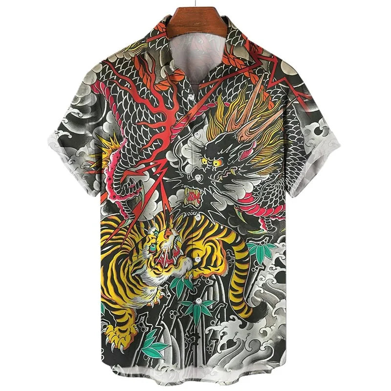 Men's Shirts 3D Animal Tiger Dragon Printed Short Sleeve Hawaiian Shirts Blouse New in Casual Button Up Aloha Shirt Male Tops