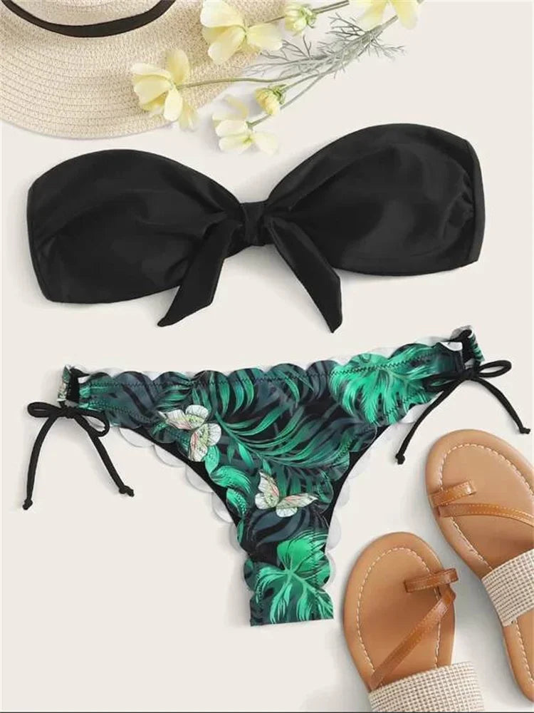 Beach Bikini 2026 Woman Sexy Front Lace Up Tie Bandeau Leopard Swimsuit Female Push Up Ruffled Bow Bathing Suit Thong Swimwear