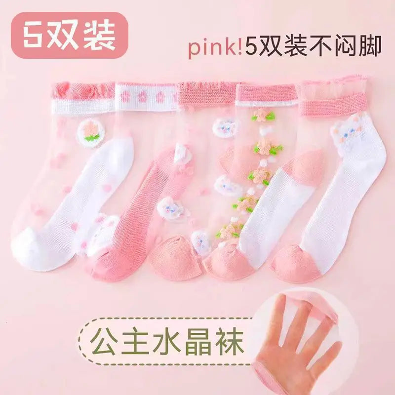 5 Pairs/Baby Girl Summer Socks Thin Ice Silk Mesh Crystal Breathable Cotton Short Mid Calf Boat Socks for Kids