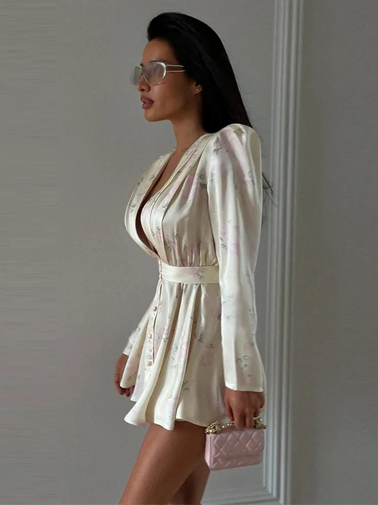 Elegant Women's Printed Waistband Short Dress Deep V-neck Long Puff Sleeve Pleated Dresses 2026 Summer Lady Holiday Party Robe