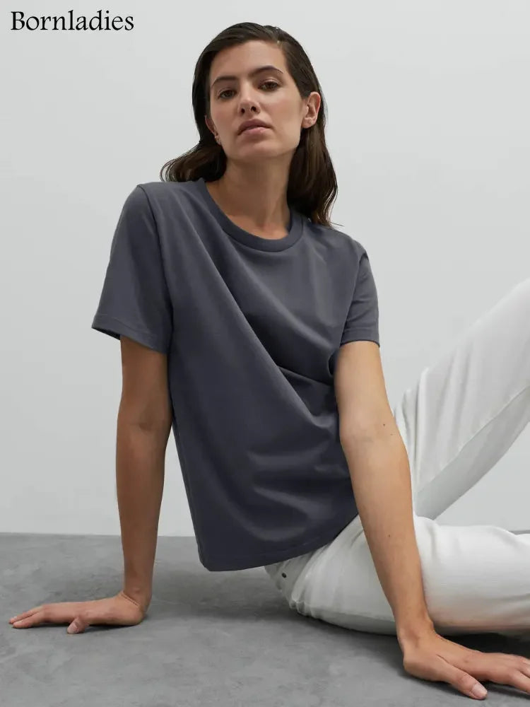 Bornladies 2025 Women's Summer 100% Cotton T-shirt Bottoming Basic Fashionable Solid Lady Short Sleeve Loose Tops Shirts